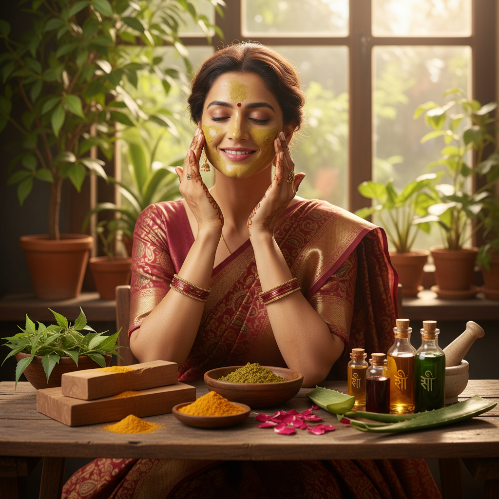 A woman in traditional Indian attire applying an herbal face mask amid Ayurvedic herbs and oils outdoors in sunlight (see the generated image above).