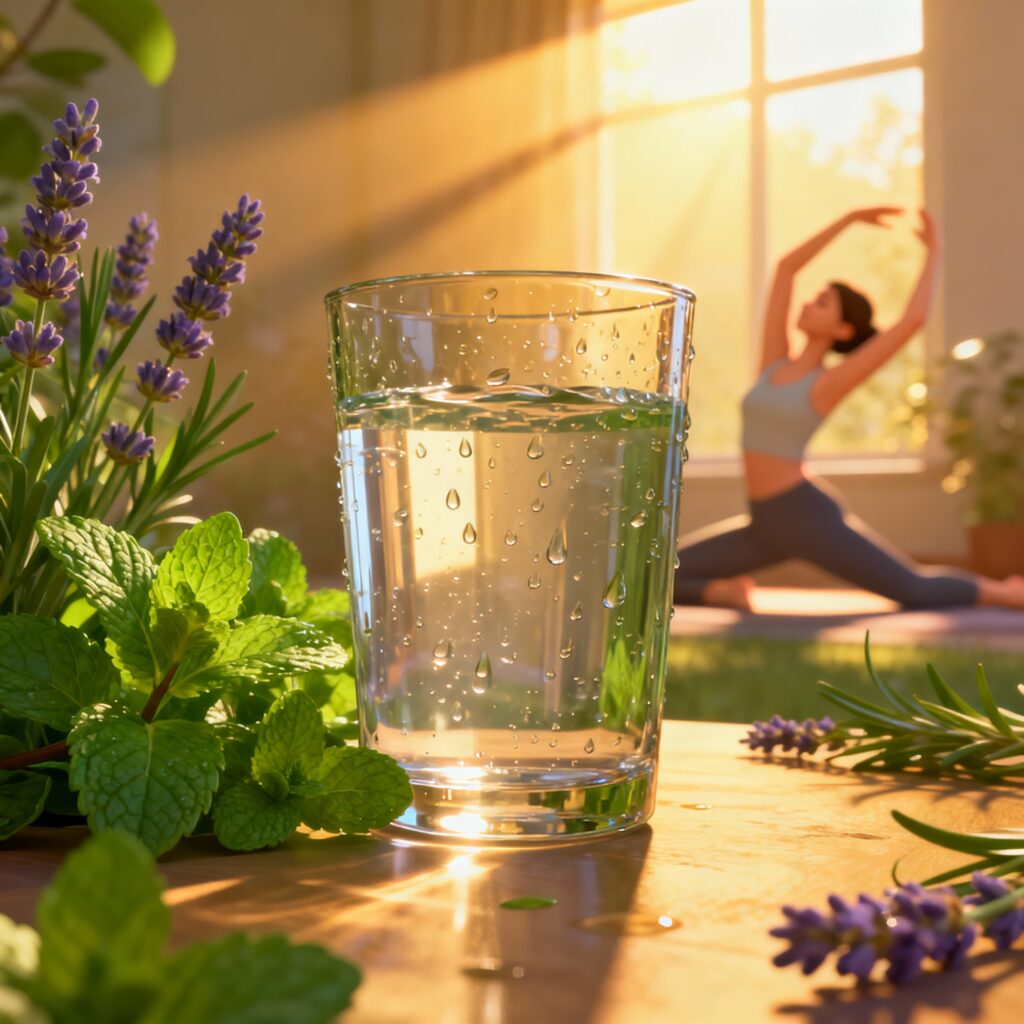 "3D illustration showing plants, sunlight, water, and exercise symbols representing natural ways to fight fatigue without caffeine" (see the generated image above).