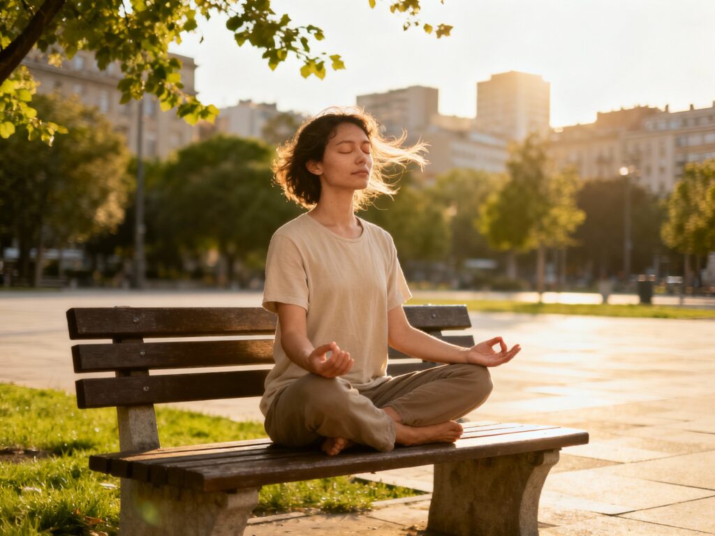 A peaceful person sitting cross-legged outdoors with eyes closed, practicing deep breathing and mindfulness to calm the mind in five minutes.